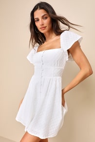Truly So Sweet White Eyelet Embroidered Button-Front Mini Dress