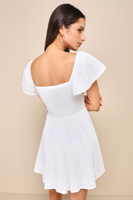 White Eyelet Dress - Flutter Sleeve Dress - Mini Skater