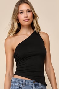 Mentionable Cutie Black Ruched One-Shoulder Asymmetrical Top