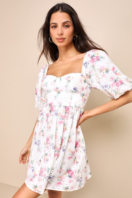 Ivory Floral Mini Dress - Eyelet Dress - Floral Babydoll Dress - Lulus