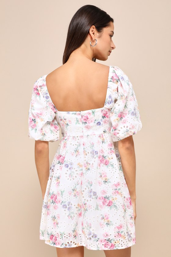 Ivory Floral Mini Dress - Eyelet Dress - Floral Babydoll Dress - Lulus