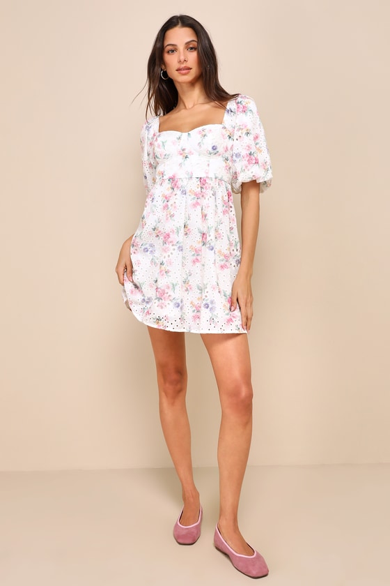 Ivory Floral Mini Dress - Eyelet Dress - Floral Babydoll Dress - Lulus