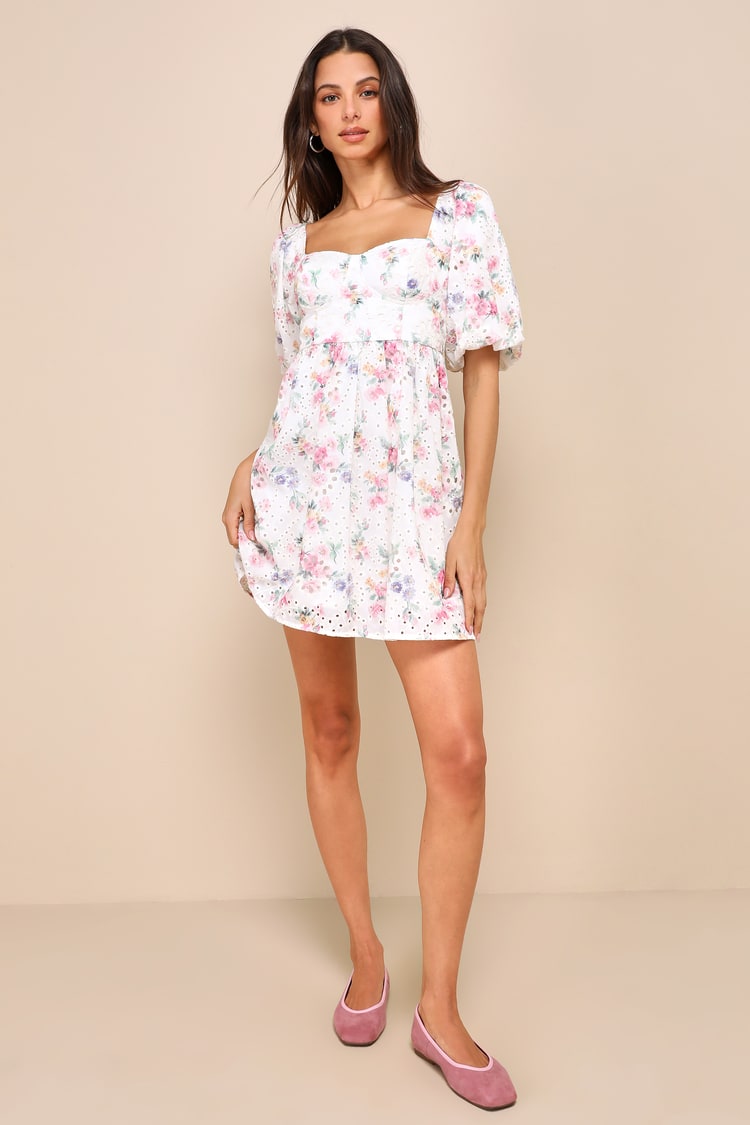 Ivory Floral Mini Dress - Eyelet Dress - Floral Babydoll Dress - Lulus Ivory Floral Mini Dress - Eyelet Dress - Floral Babydoll Dress - Lulus