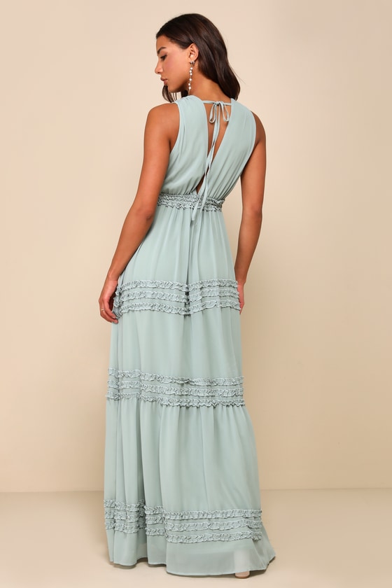 Pleated High Neck Ruffle Chiffon Floor-length Dress Sage main image 1