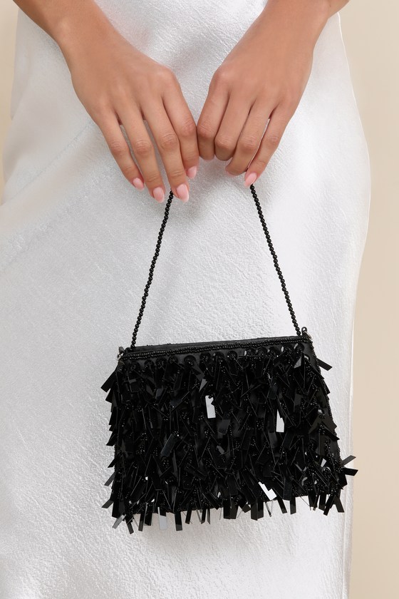 Party Professional Shiny Black Beaded Fringe Handbag 7