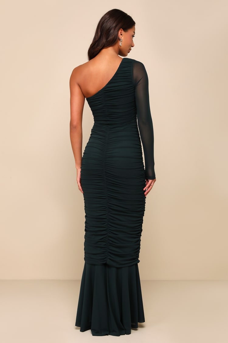 Flawless Passion Emerald Green Ruched One-Shoulder Maxi Dress