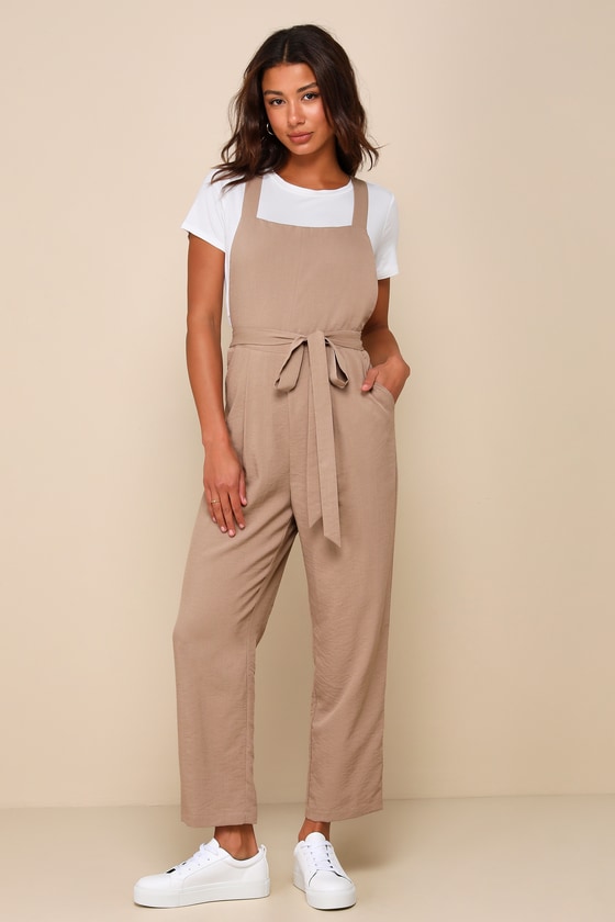 Shop Lulus Poised Simplicity Light Brown Backless Overall Slim Leg Jumpsuit