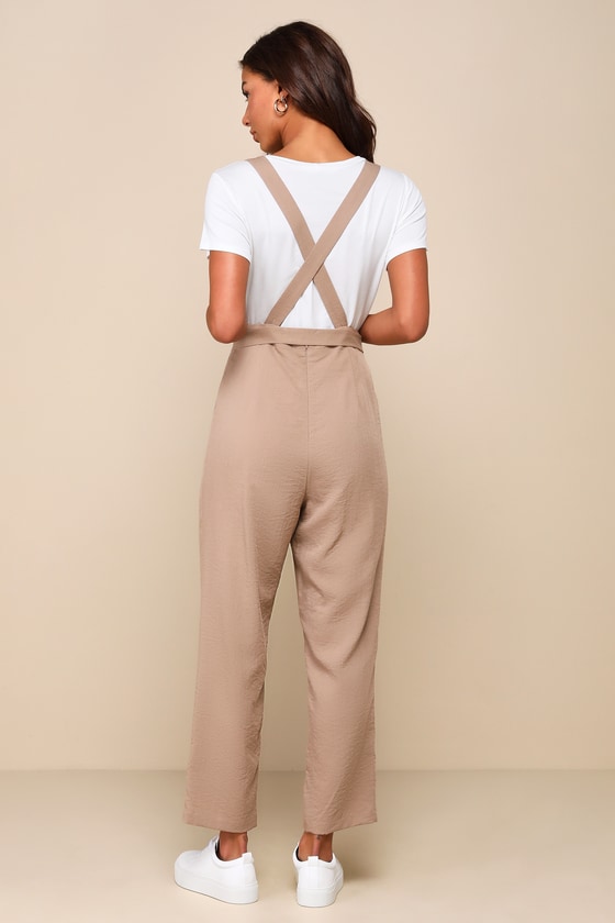 Shop Lulus Poised Simplicity Light Brown Backless Overall Slim Leg Jumpsuit