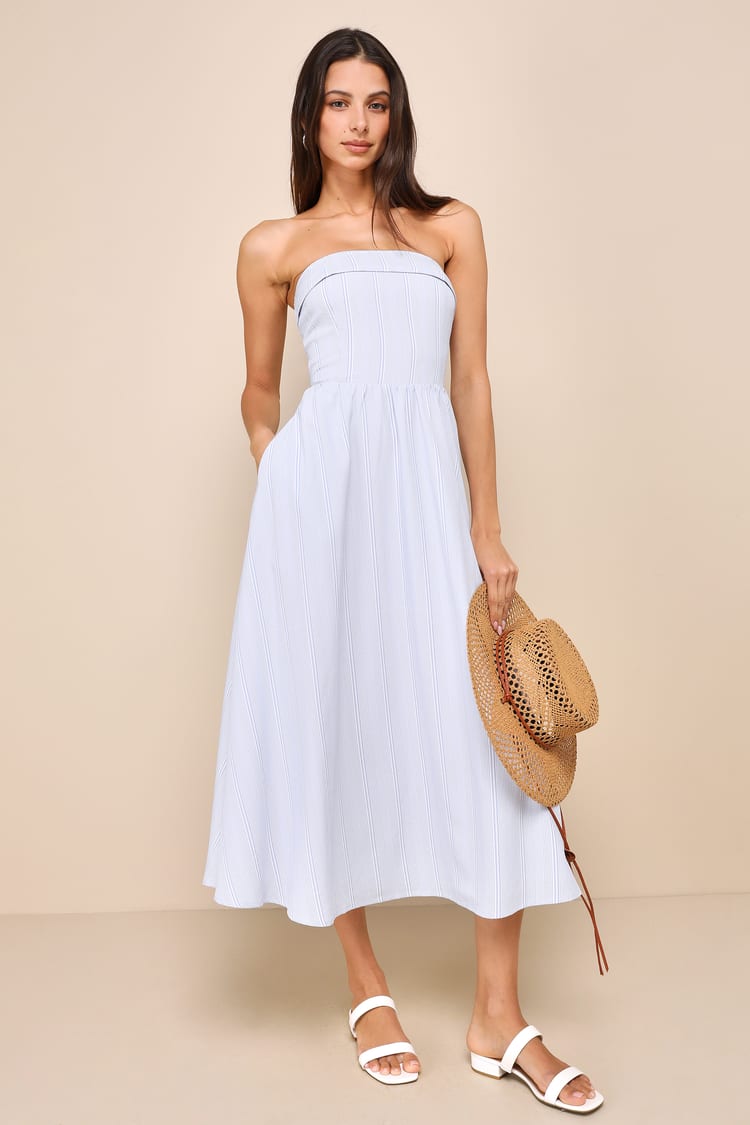 Blue Striped Midi Dress - Strapless Midi - Dress With Pockets - Lulus