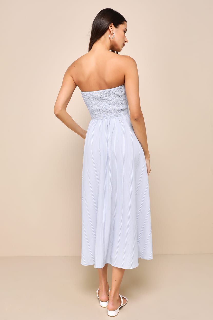 blue striped strapless dress Harri Strapless Midi Dress in Stripe By DISSH