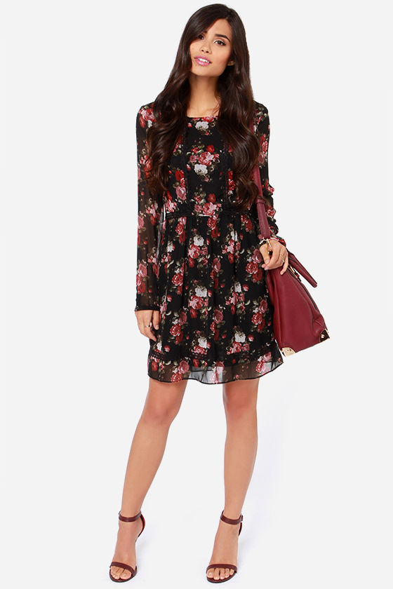 Black Floral Dress With Sleeves on Sale ...