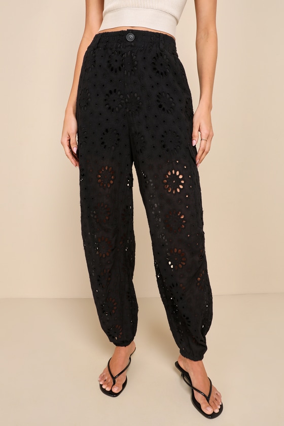 Black Eyelet Pants - Embroidered Cargo Pants - Cargo Jogger Pants