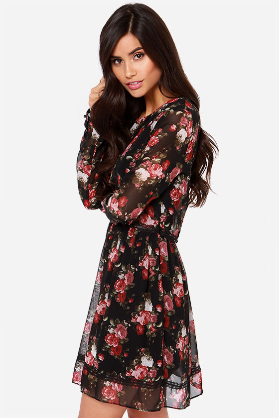 Black floral long sleeve dress