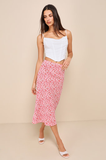 Up and Coming Cutie Coral Pink Floral Print Midi Skirt