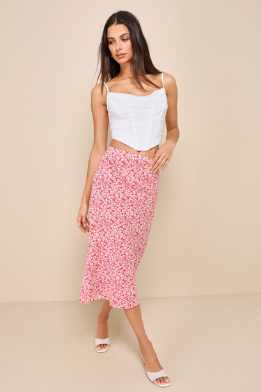 Floral Midi Skirt Pink Cute Coral Pink Skirt Ditsy Floral Print