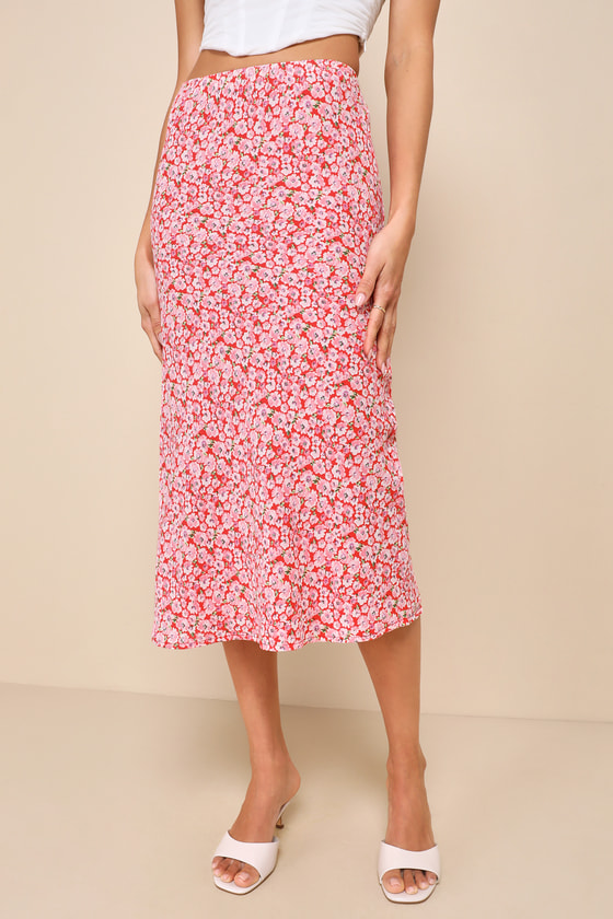 Up and Coming Cutie Coral Pink Floral Print Midi Skirt 2