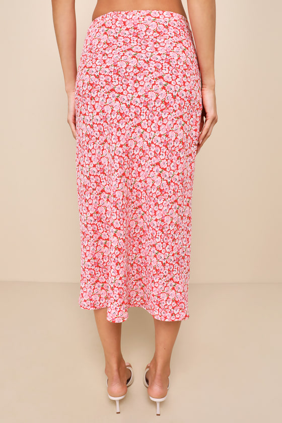 Lulus Up And Coming Cutie Coral Pink Floral Print Midi Skirt In Coral Pink