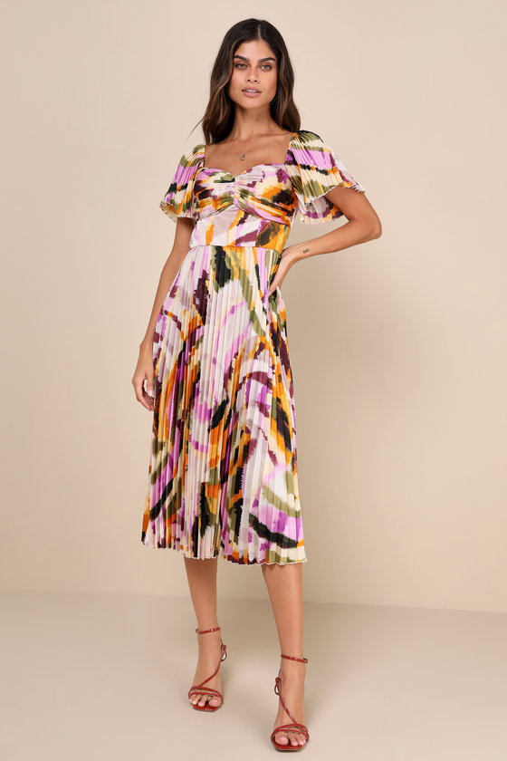 Multi Abstract Print Dress - Pleated Satin Dress - Midi Dress - Lulus