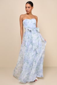 Charming Sweetness Periwinkle Floral Organza Pleated Maxi Dress