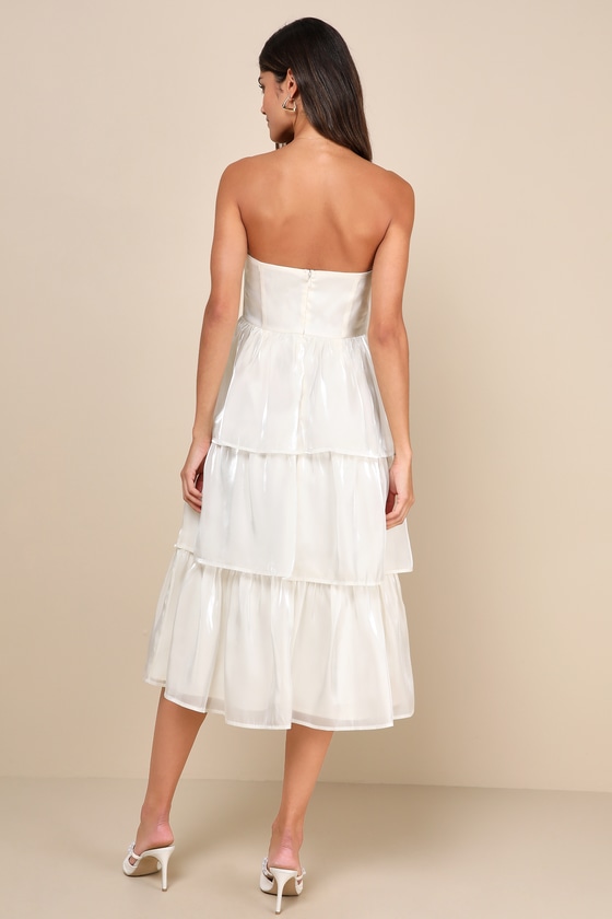 LULUS COM-PLEAT-LY CHARMING IVORY ORGANZA TIERED STRAPLESS MIDI DRESS 