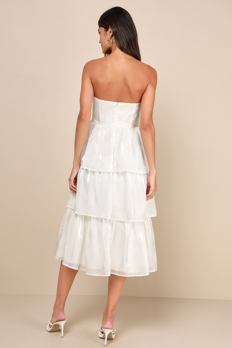 Com-pleat-ly Charming Ivory Organza Tiered Strapless Midi Dress