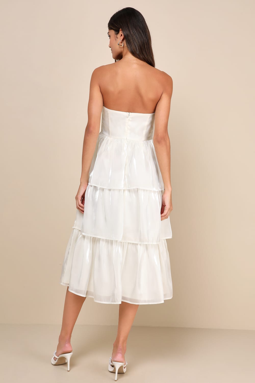 Com-pleat-ly Charming Ivory Organza Tiered Strapless Midi Dress