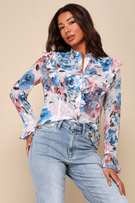 Flourishing Babe Blue Floral Ruffled Long Sleeve Button-Up Top