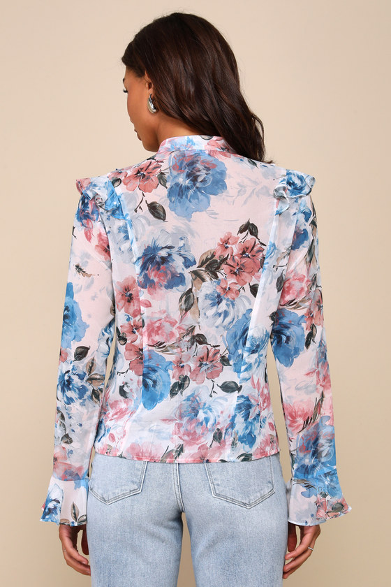 Angelo Blue Floral Cotton Button Top