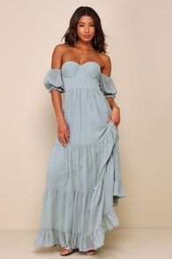 Exceptionally Gorgeous Sage Chiffon Off-the-Shoulder Maxi Dress