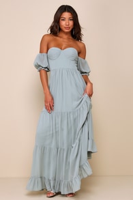 Exceptionally Gorgeous Sage Chiffon Off-the-Shoulder Maxi Dress 2