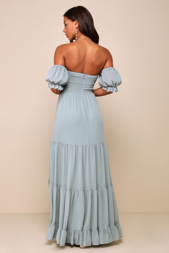 LULUS EXCEPTIONALLY GORGEOUS SAGE CHIFFON OFF-THE-SHOULDER MAXI DRESS