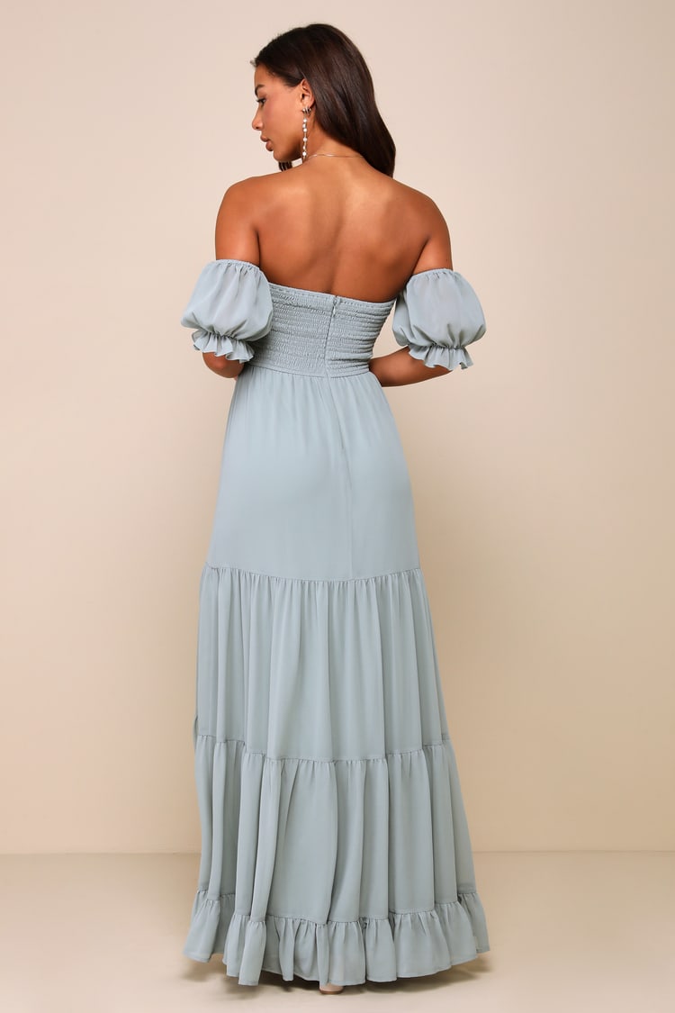 Exceptionally Gorgeous Sage Chiffon Off-the-Shoulder Maxi Dress