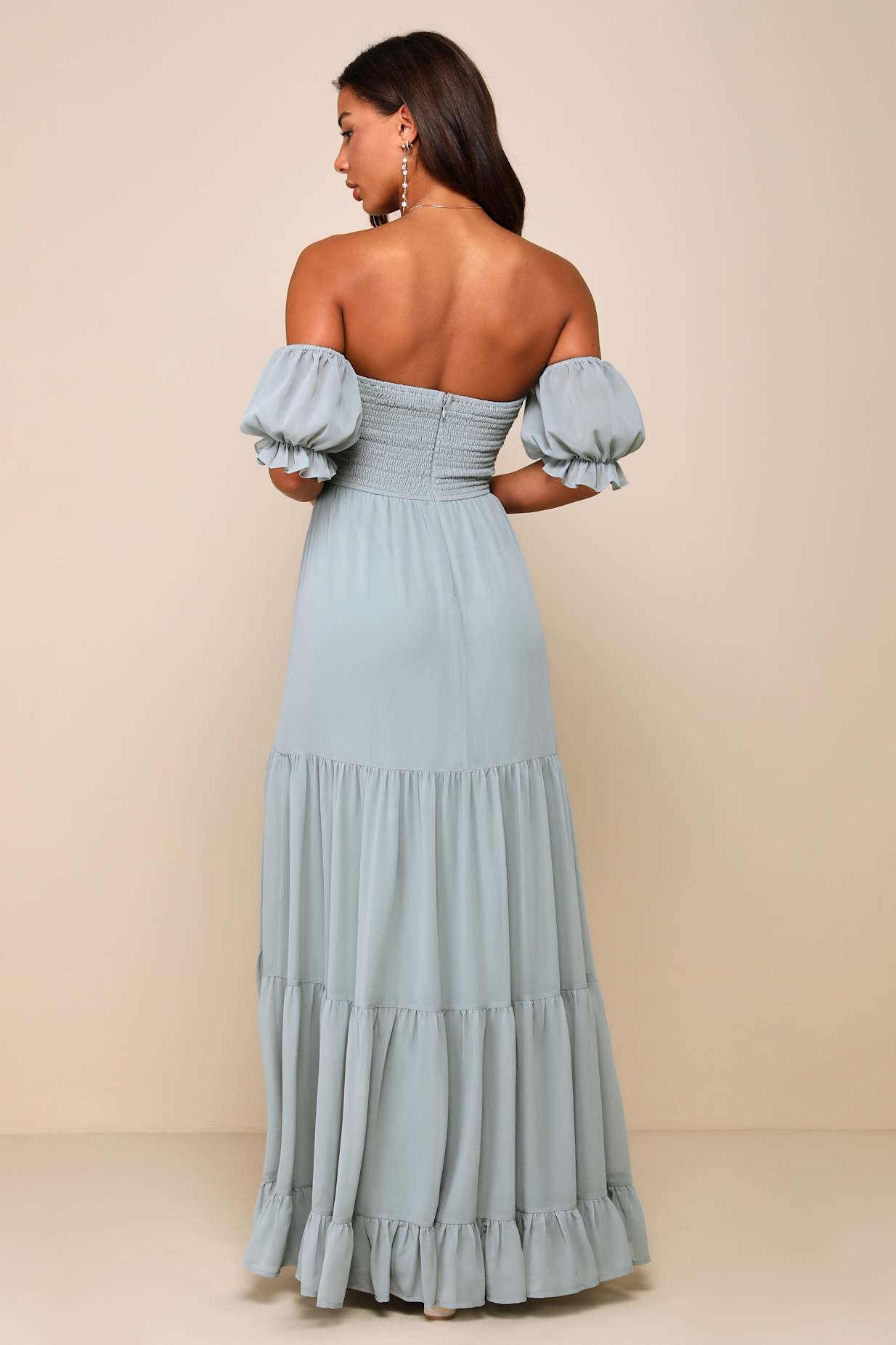 Exceptionally Gorgeous Sage Chiffon Off-the-Shoulder Maxi Dress