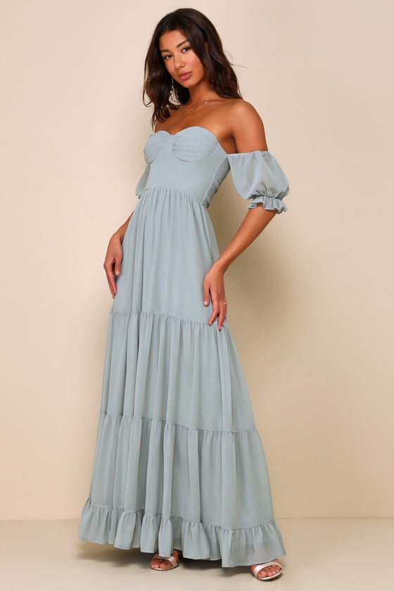 LULUS EXCEPTIONALLY GORGEOUS SAGE CHIFFON OFF-THE-SHOULDER MAXI DRESS