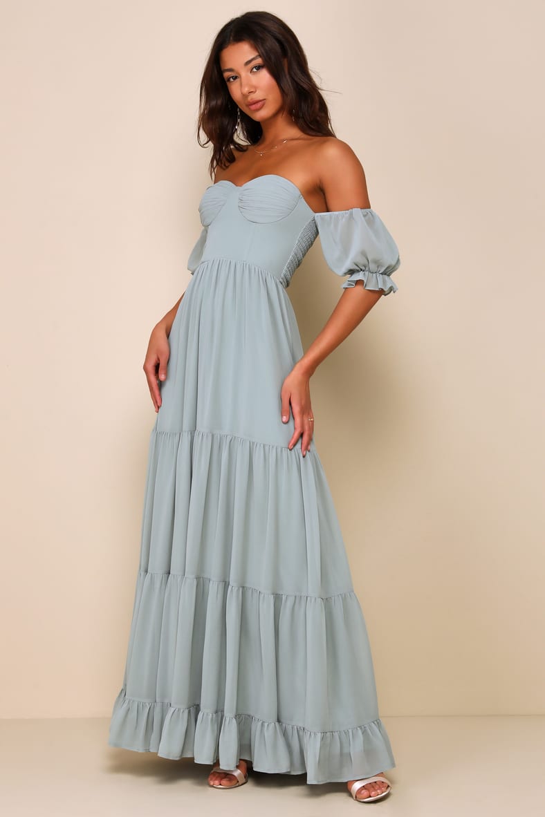 Exceptionally Gorgeous Sage Chiffon Off-the-Shoulder Maxi Dress