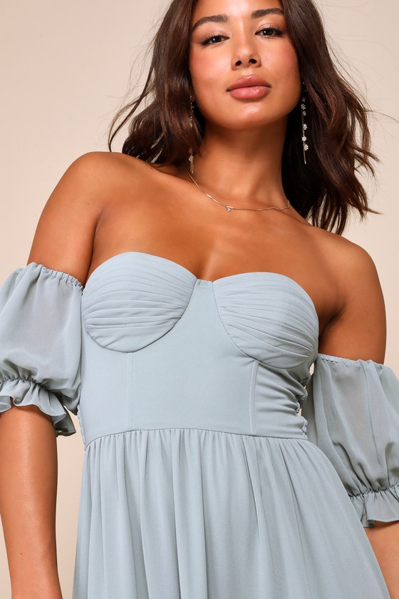 LULUS EXCEPTIONALLY GORGEOUS SAGE CHIFFON OFF-THE-SHOULDER MAXI DRESS