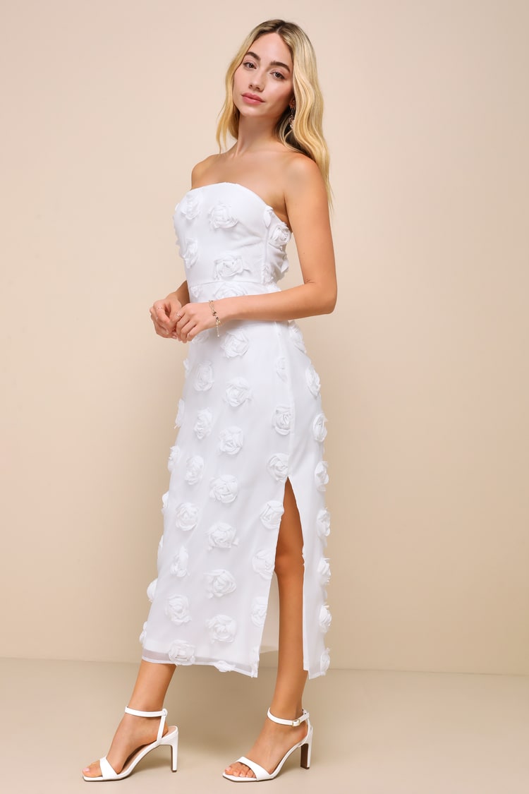 Posh Appearance White 3D Floral Applique Strapless Midi Dress