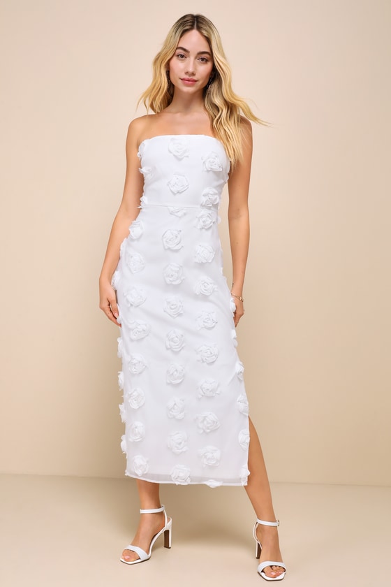 White Midi Dress - 3D Floral Applique Dress - Strapless Dress - Lulus