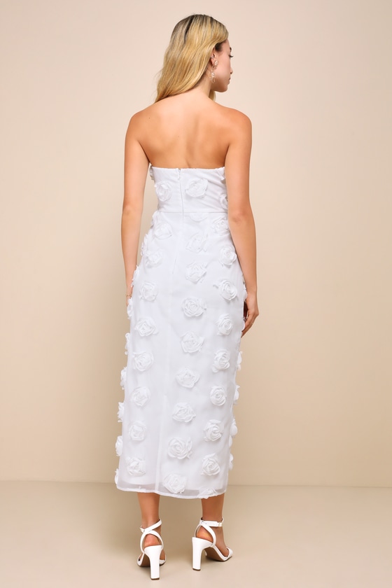 Lulus Posh Appearance White 3d Floral Applique Strapless Midi Dress ...