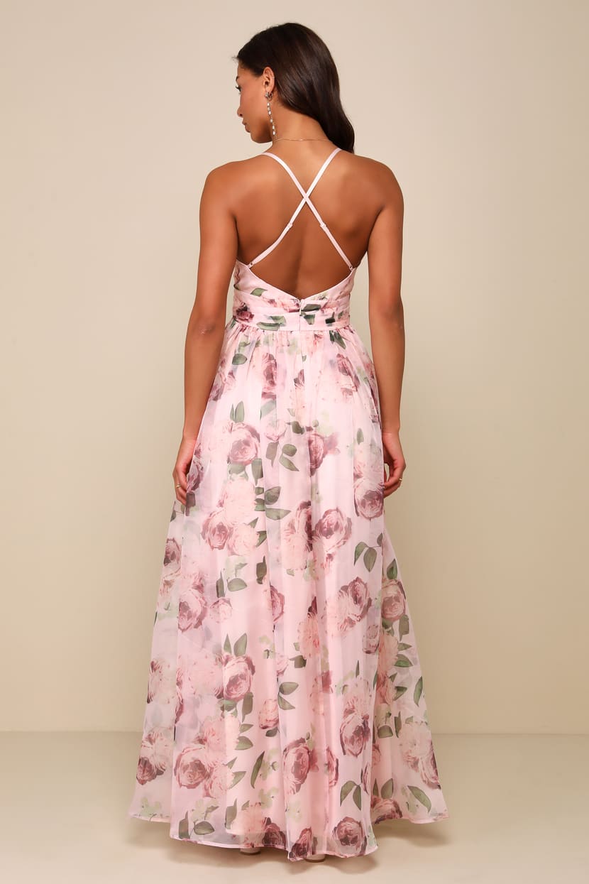 Romance That Wows Blush Floral Print Organza Maxi Dress