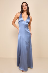 Purely Elegant Slate Blue Satin Twist-Back Maxi Dress
