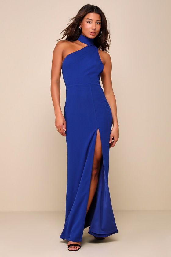 Keep It Interesting Cobalt Asymmetrical Cutout Halter Maxi Dress 1