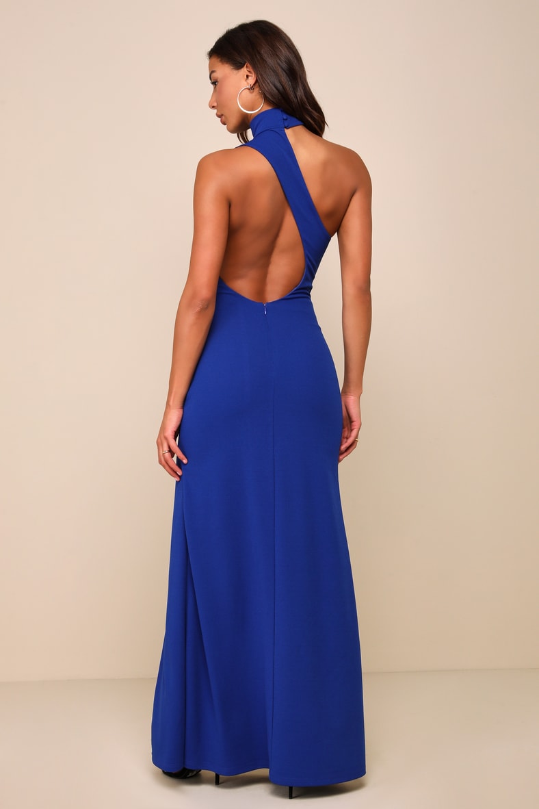 Keep It Interesting Cobalt Asymmetrical Cutout Halter Maxi Dress