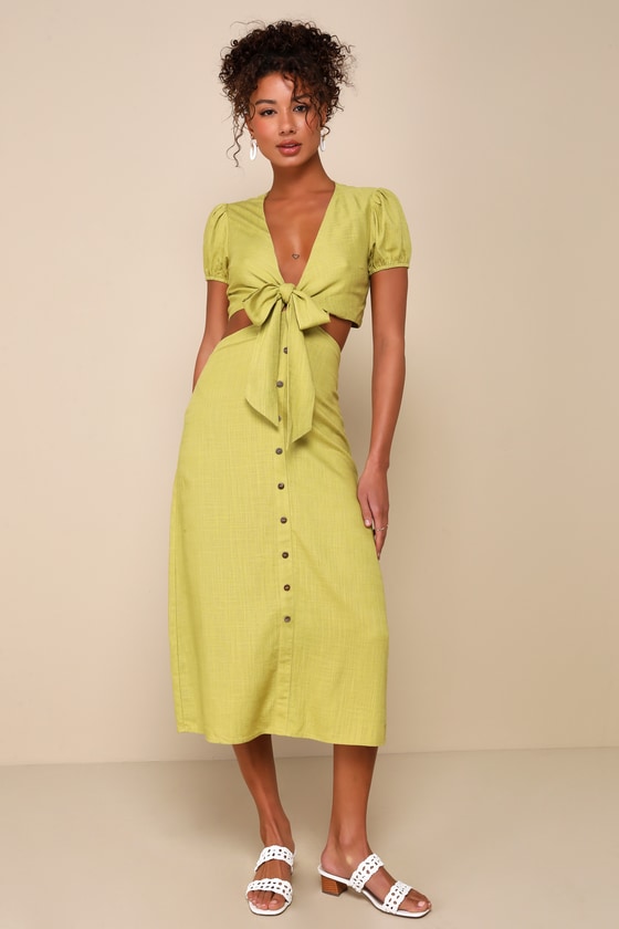 Lulus Portofino Poise Green Tie-front Linen Button-front Midi Dress