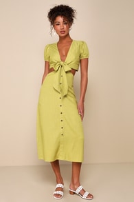Portofino Poise Green Tie-Front Linen Button-Front Midi Dress