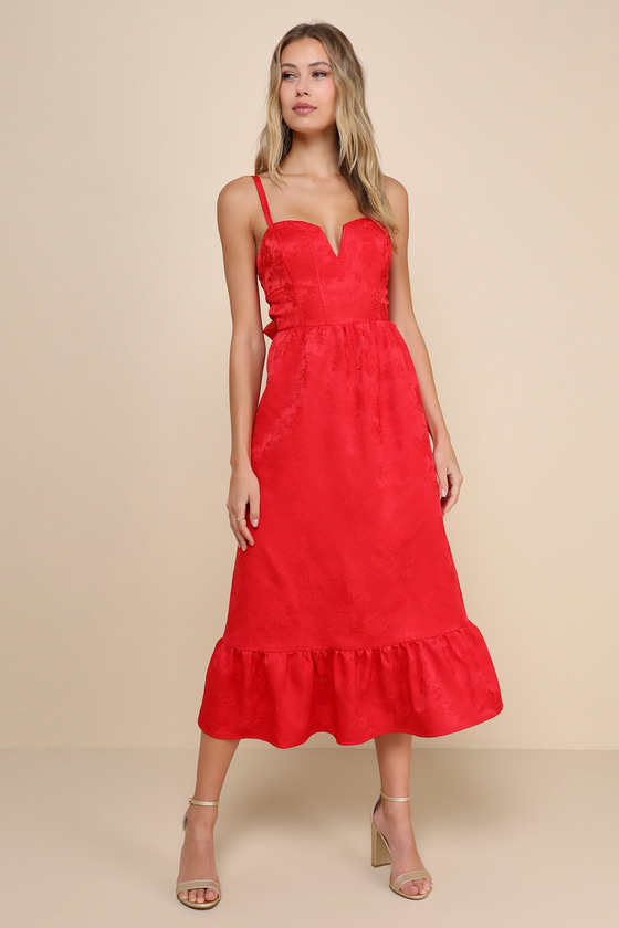 Major Perfection Red Floral Jacquard Midi Dress with Pockets 2