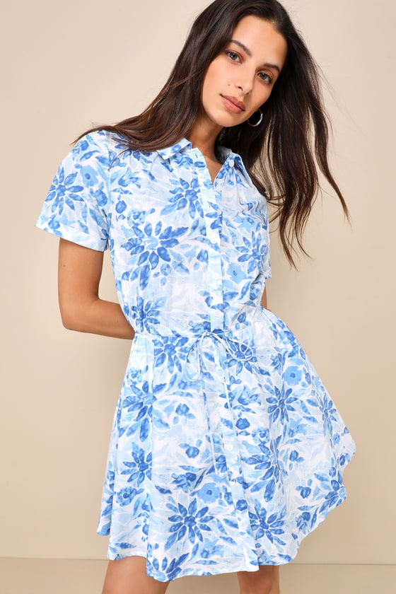 Lulus Sunny Charisma Blue Floral Button-up Mini Dress With Pockets In Blue