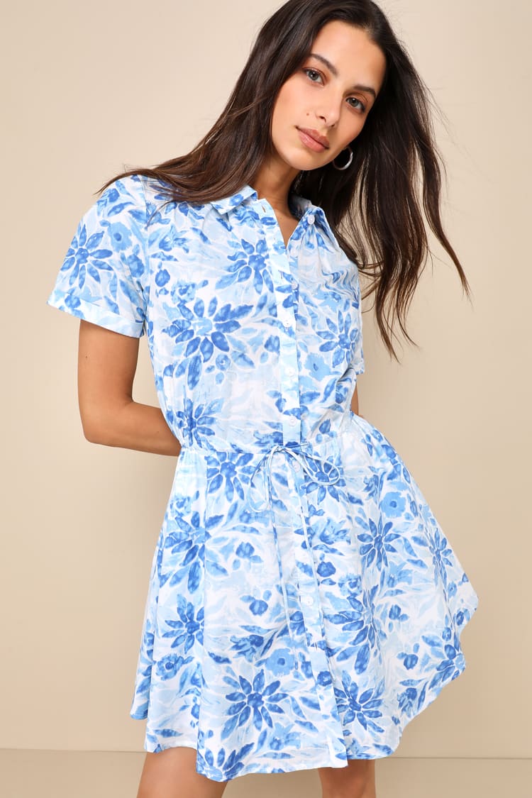 Blue Floral Dress - Button-Up Mini Dress - Dress With Pockets - Lulus