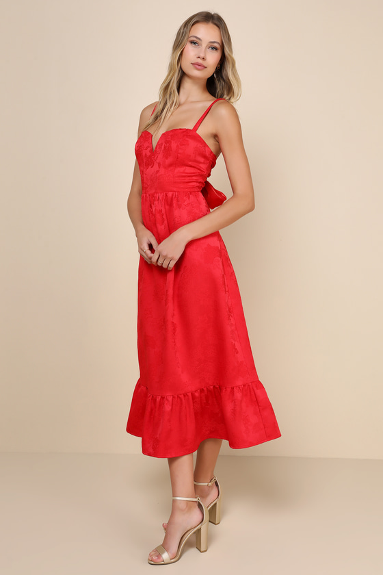 Lulus Major Perfection Red Floral Jacquard Midi Dress With Pockets In Red