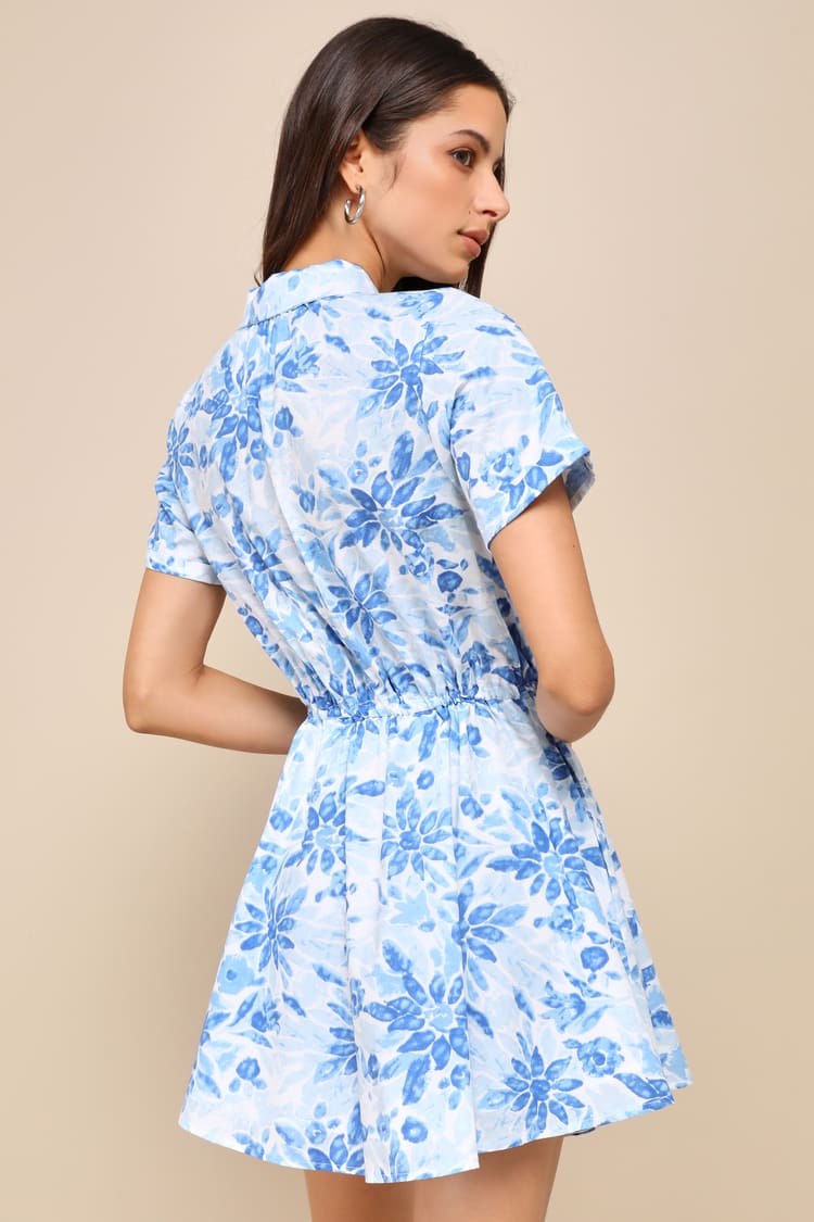 Sunny Charisma Blue Floral Button-Up Mini Dress With Pockets